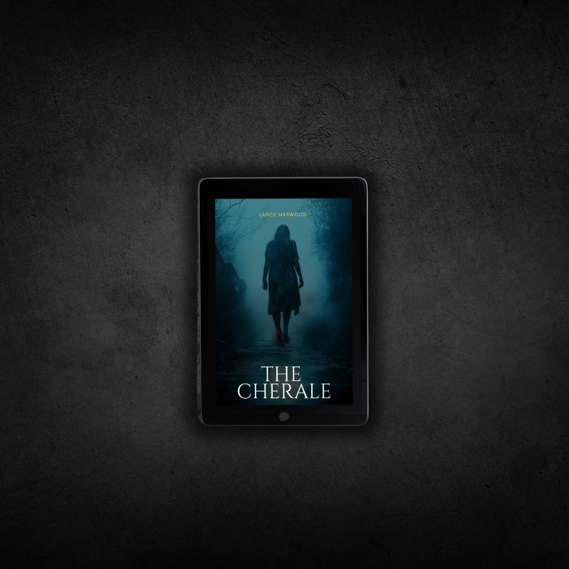 An e-book cover of 'THE CHERALE' displayed on a tablet, featuring a dark and moody image with a figure walking away on a path, set against a textured black background.