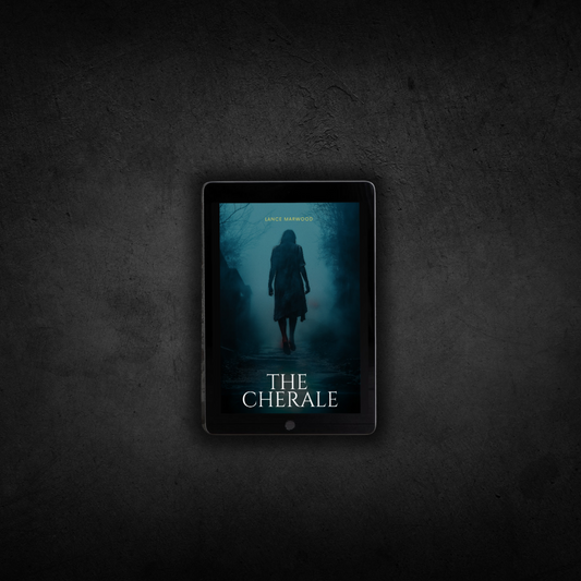 An e-book cover of 'THE CHERALE' displayed on a tablet, featuring a dark and moody image with a figure walking away on a path, set against a textured black background.