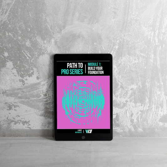 E-book cover of 'Path to Pro Series: Module 1 - Building Your Foundation' featuring a pink and turquoise design on a black background, displayed on a tablet.